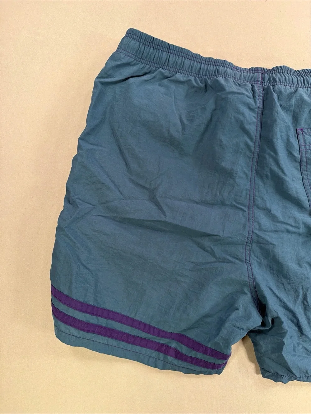 Vintage Men's Teal Elastic-Waist Swim Trunks with Embroidered Logo Patch